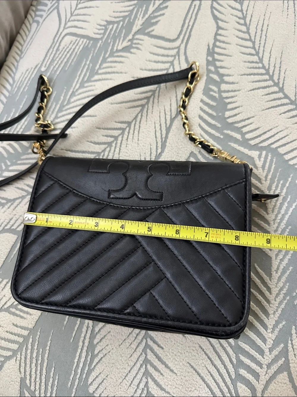 Tory Burch Black Quilted Chevron Leather Crossbody with Gold Chain Strap